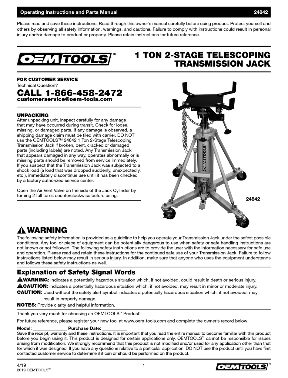 OEMTOOLS 24842 OPERATING INSTRUCTIONS AND PARTS MANUAL Pdf Download