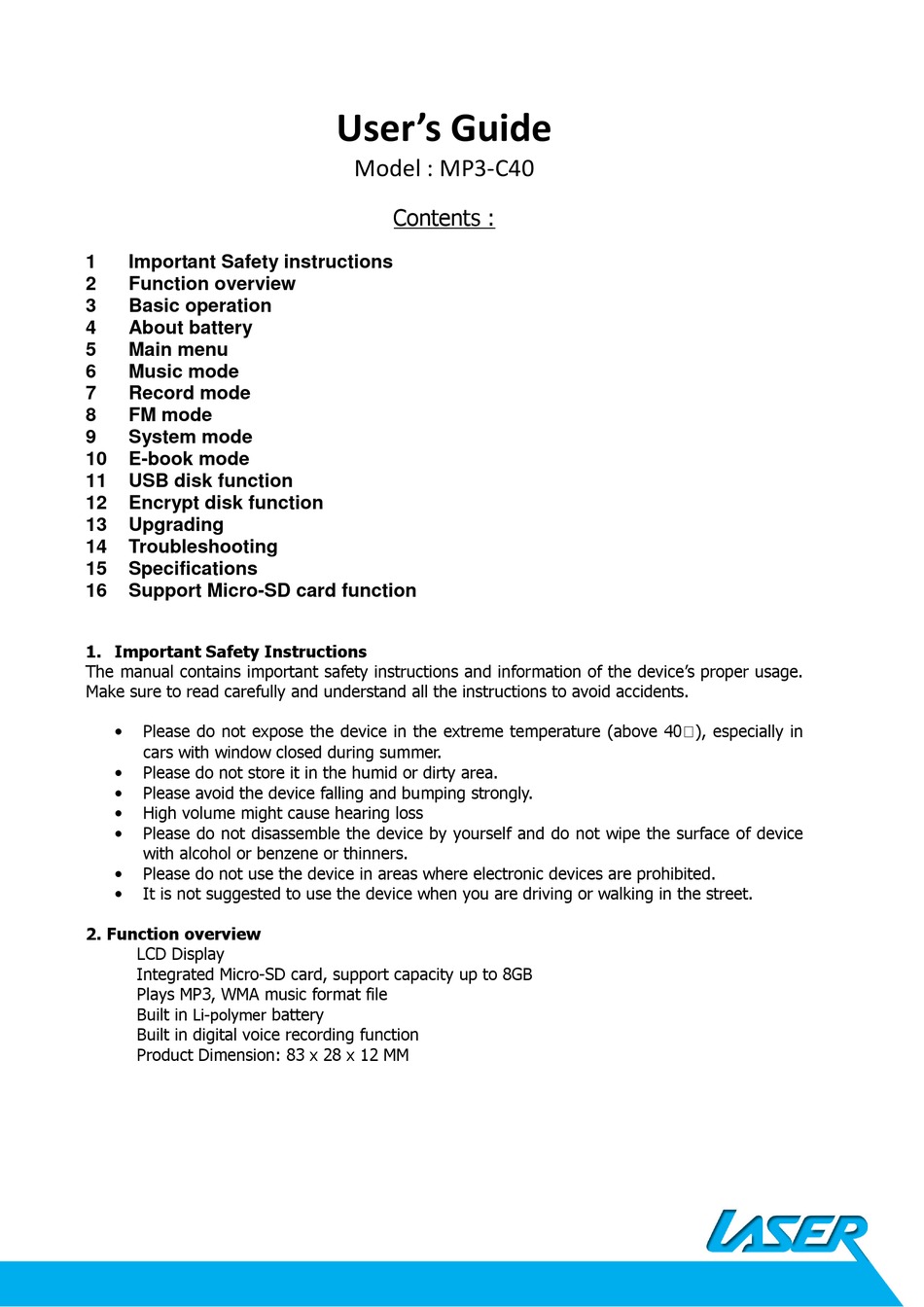 LASER MP3C40 USER MANUAL Pdf Download ManualsLib