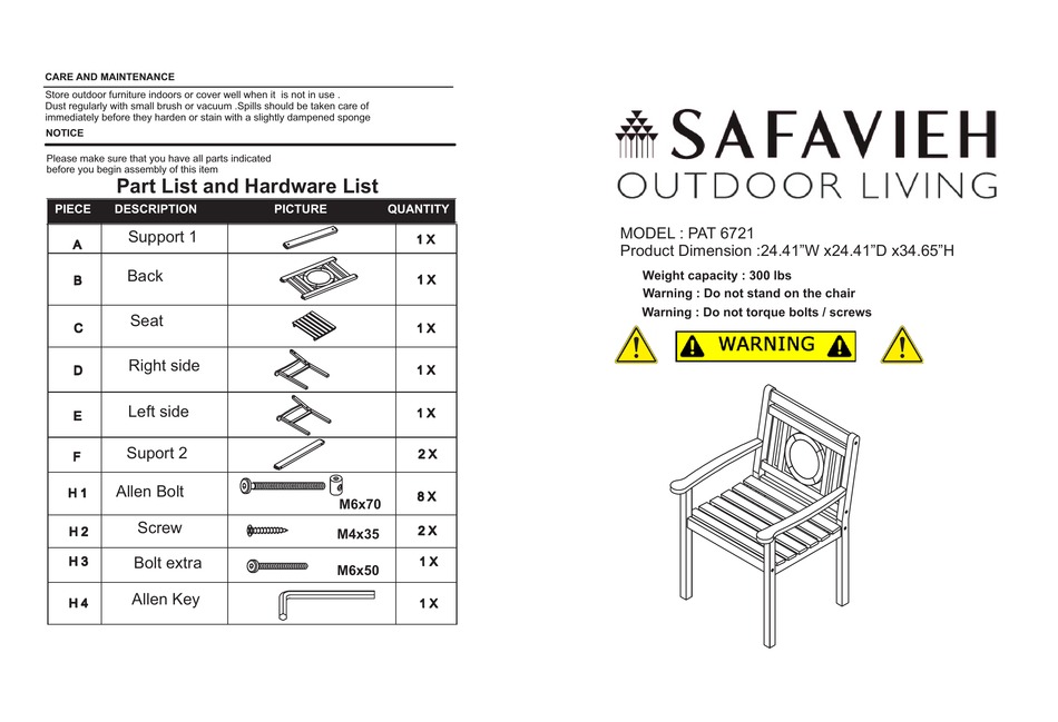 SAFAVIEH OUTDOOR PAT 6721 ASSEMBLY INSTRUCTIONS Pdf Download ManualsLib