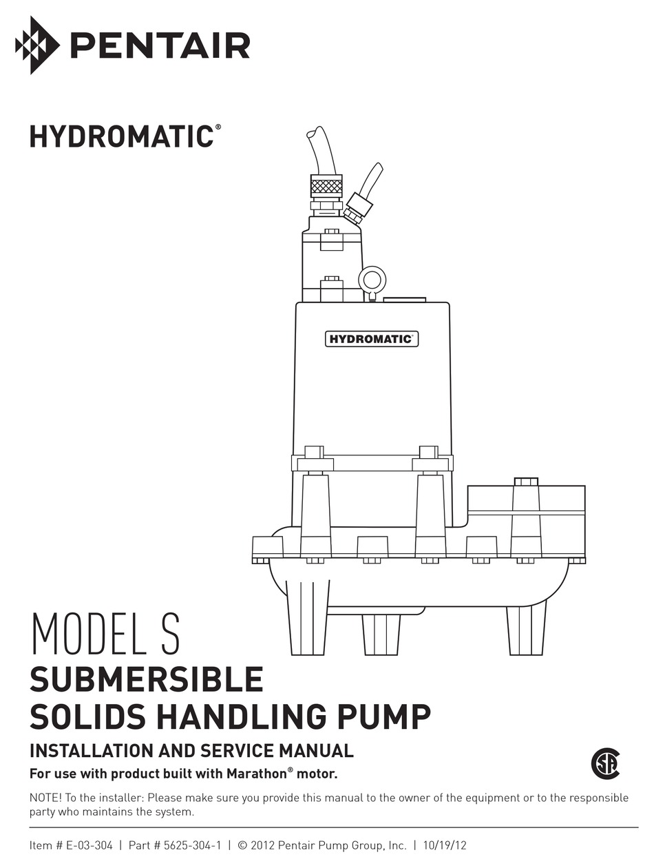 PENTAIR HYDROMATIC S INSTALLATION AND SERVICE MANUAL Pdf Download