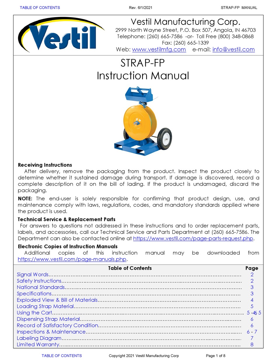 Vestil Strap Fp Instruction Manual Pdf Download Manualslib