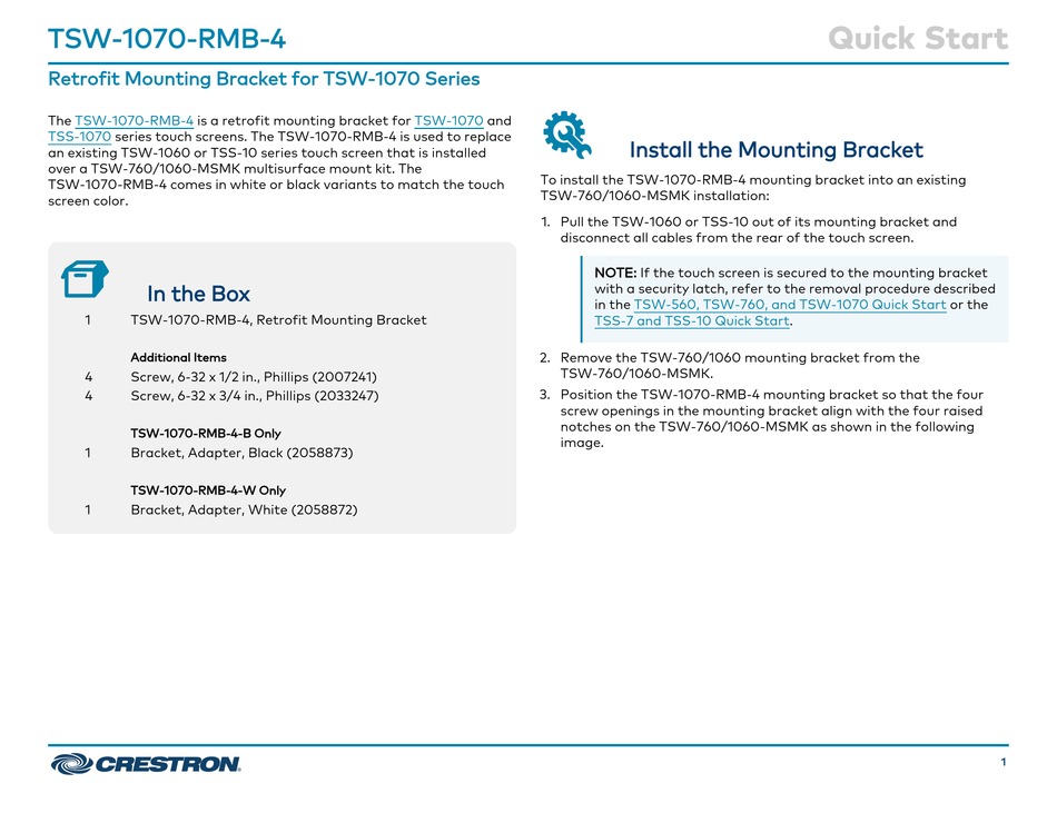 CRESTRON TSW-1070-RMB-4 QUICK START Pdf Download | ManualsLib