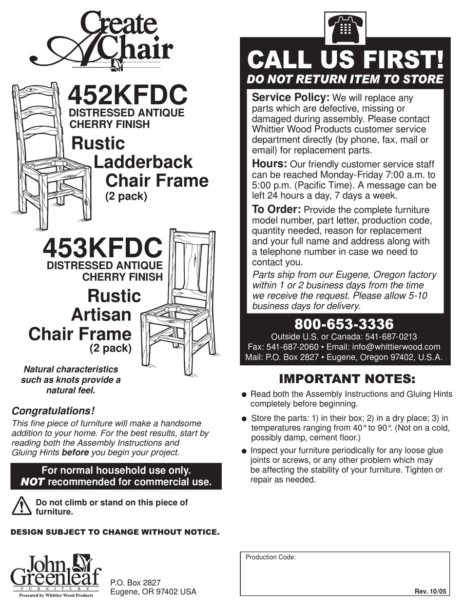WHITTIER WOOD PRODUCTS JOHN GREENLEAF CREATE A CHAIR 452KFDC ASSEMBLY