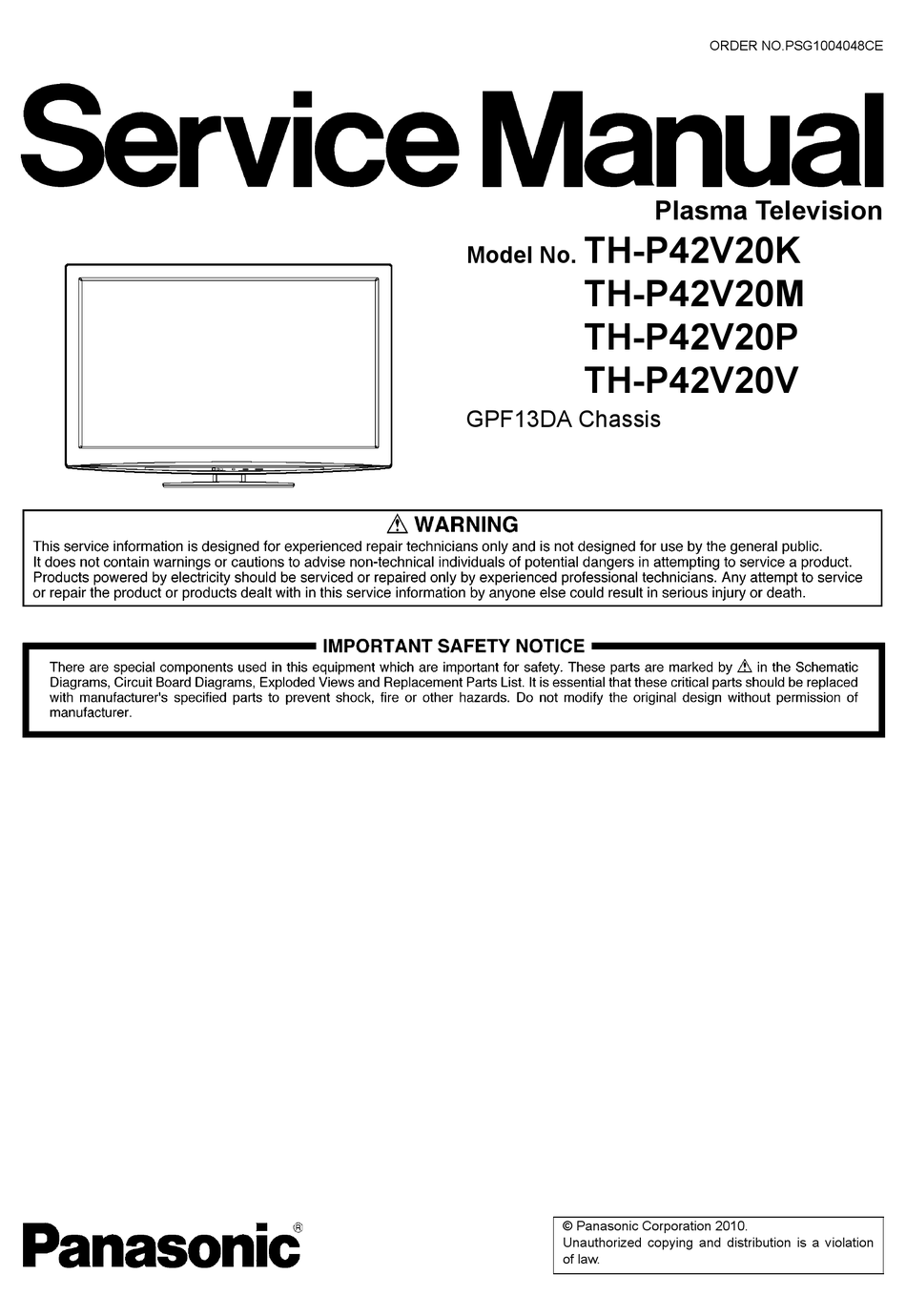 PANASONIC TH-P42V20K SERVICE MANUAL Pdf Download | ManualsLib