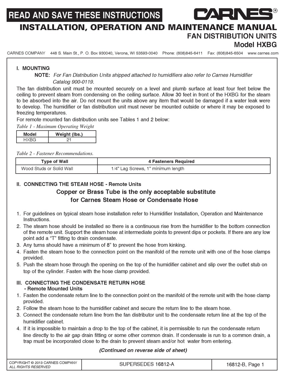CARNES HXBG INSTALLATION, OPERATION AND MAINTENANCE MANUAL Pdf Download