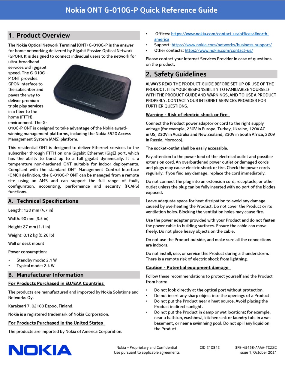 NOKIA ONT G010GP QUICK REFERENCE MANUAL Pdf Download ManualsLib