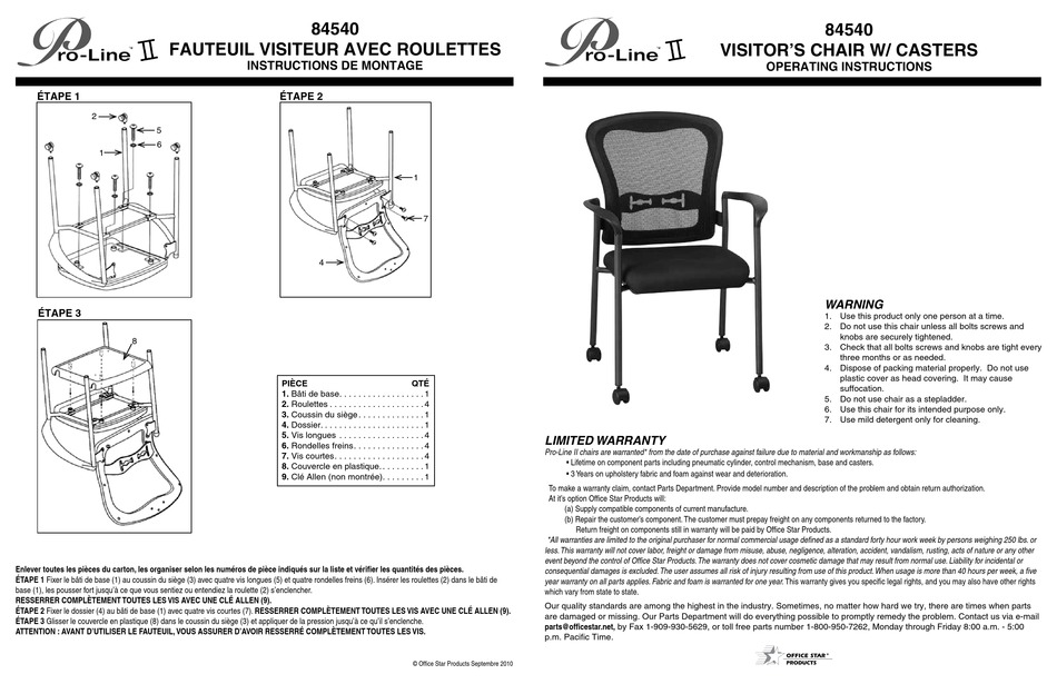 OFFICE STAR PRODUCTS PROLINE II VISITOR'S CHAIR W/ CASTERS 84540