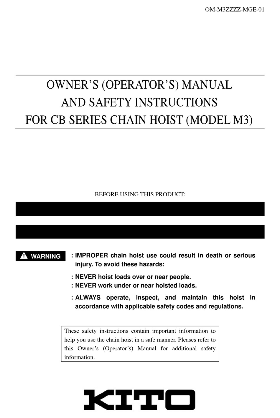 KITO CB SERIES OWNER'S MANUAL AND SAFETY INSTRUCTIONS Pdf Download