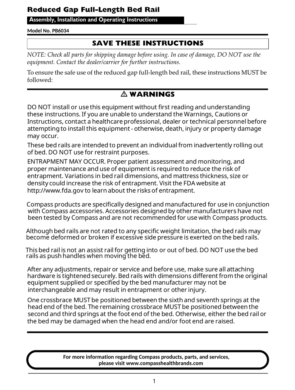 COMPASS HEALTH PB6034 ASSEMBLY, INSTALLATION AND OPERATING INSTRUCTIONS