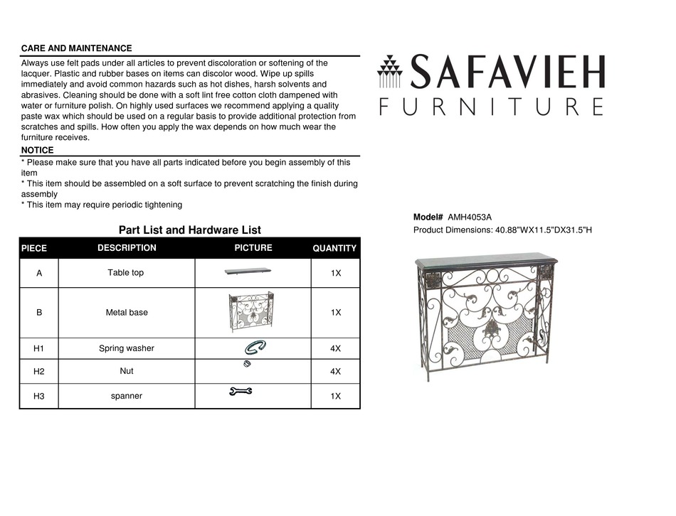 SAFAVIEH FURNITURE AMH4053A ASSEMBLY INSTRUCTIONS Pdf Download ManualsLib