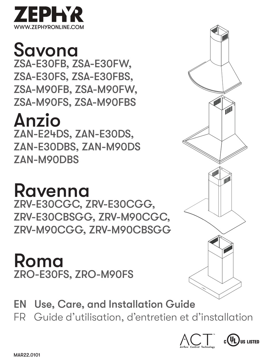 ZEPHYR SAVONA ZSAE30FB USE, CARE AND INSTALLATION MANUAL Pdf Download