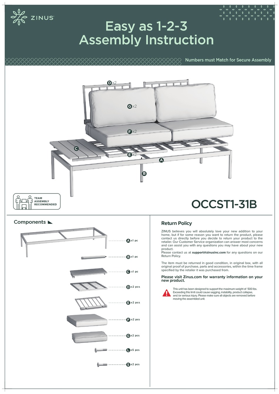 ZINUS OCCST131B ASSEMBLY INSTRUCTION Pdf Download ManualsLib