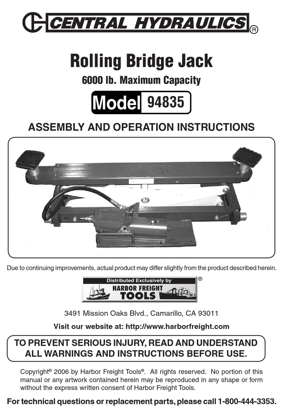 CENTRAL HYDRAULICS 94835 ASSEMBLY AND OPERATION INSTRUCTIONS MANUAL Pdf