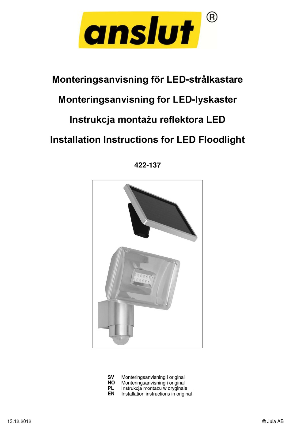JULA ANSLUT 422137 INSTALLATION INSTRUCTIONS MANUAL Pdf Download