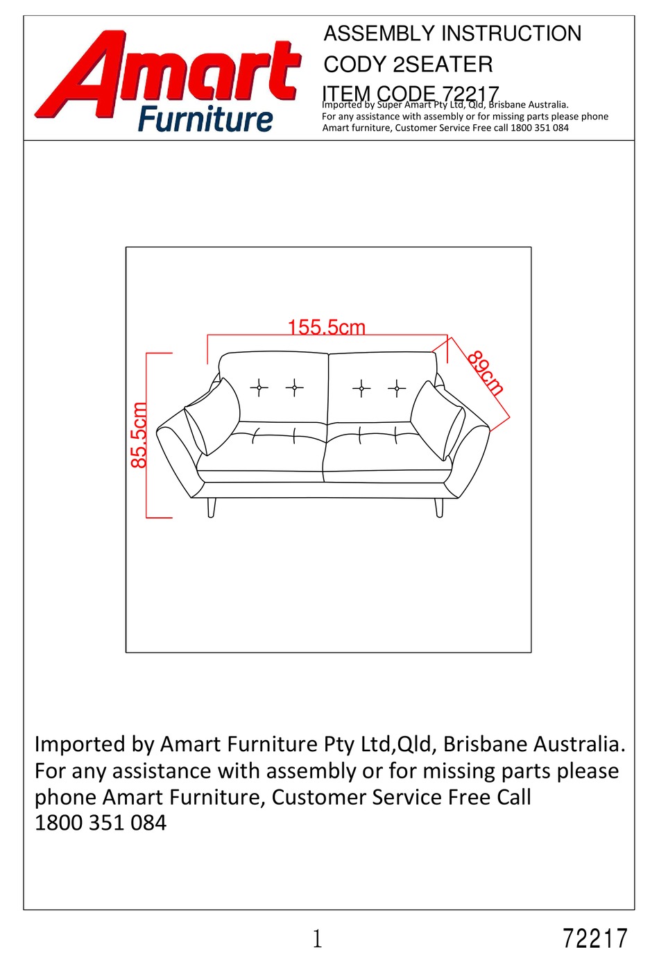 AMART FURNITURE CODY 2SEATER 72217 ASSEMBLY INSTRUCTION MANUAL Pdf