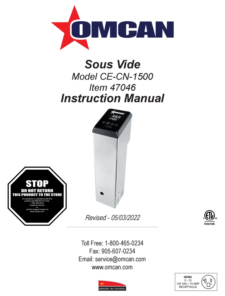 OMCAN SOUS VIDE CECN1500 INSTRUCTION MANUAL Pdf Download ManualsLib