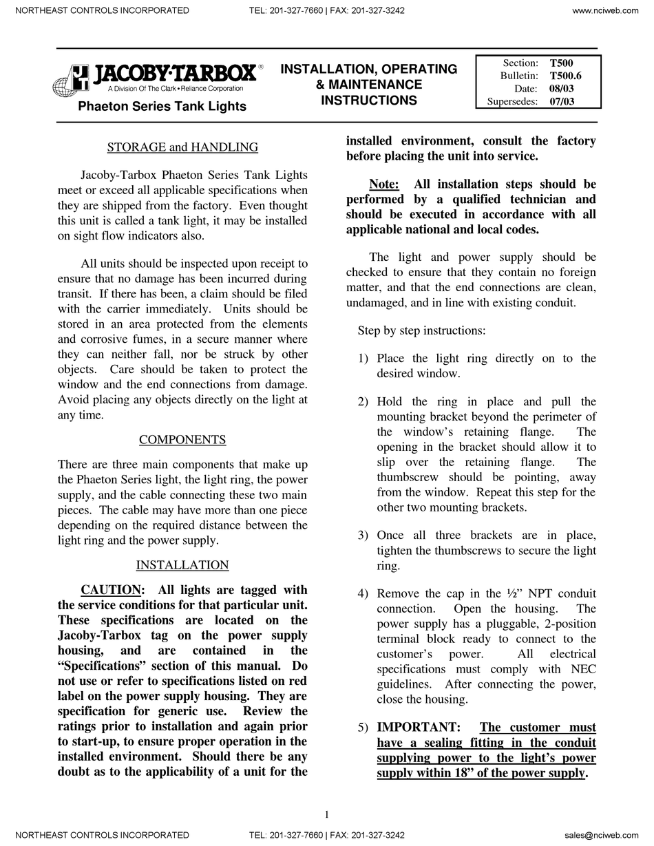 CLARKRELIANCE JACOBYTARBOX PHAETON SERIES INSTALLATION, OPERATING AND
