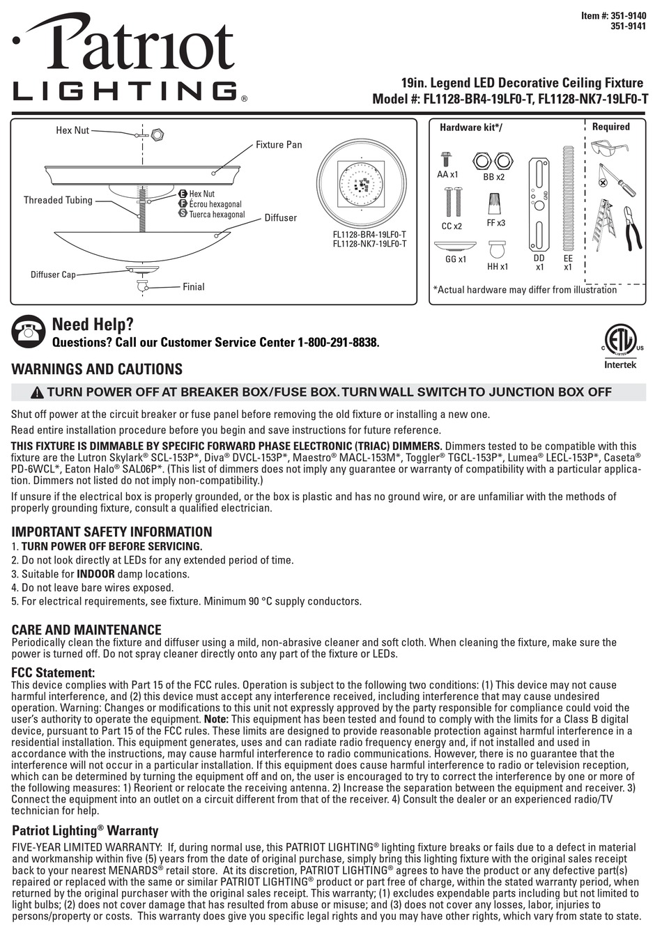 PATRIOT LIGHTING FL1128BR419LF0T INSTRUCTION SHEET Pdf Download