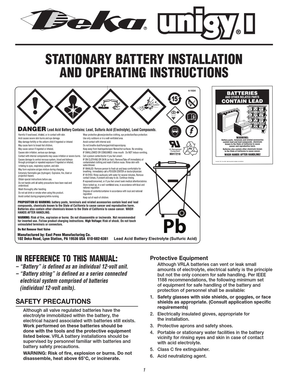 EAST PENN DEKA UNIGY I BATTERY 1 ASSEMBLY, INSTALLATION AND OPERATION INSTRUCTIONS Pdf Download