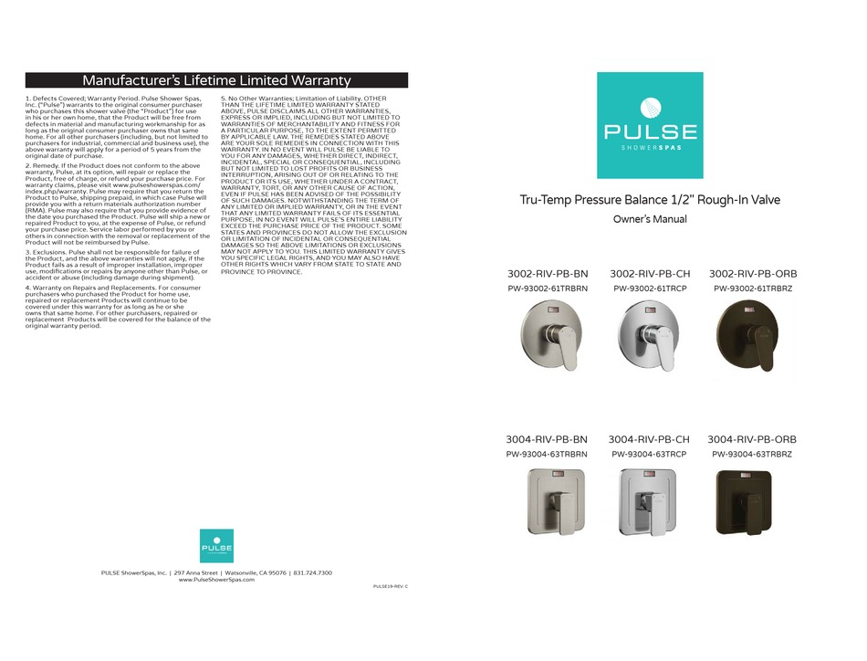 PULSE SHOWER SPAS 3002RIVPBBN OWNER'S MANUAL Pdf Download ManualsLib