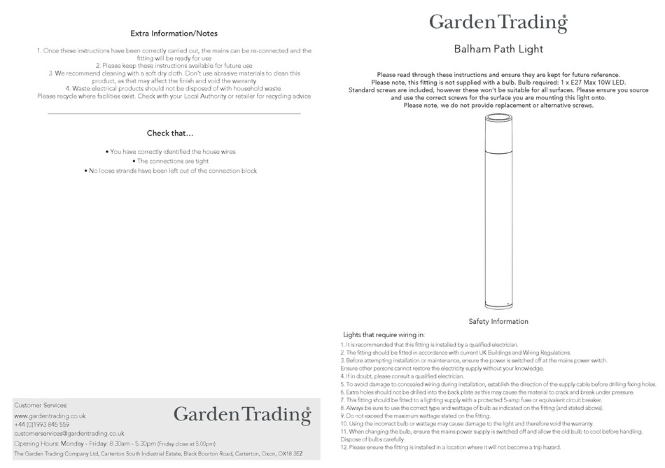 GARDEN TRADING BALHAM PATH LIGHT QUICK START MANUAL Pdf Download