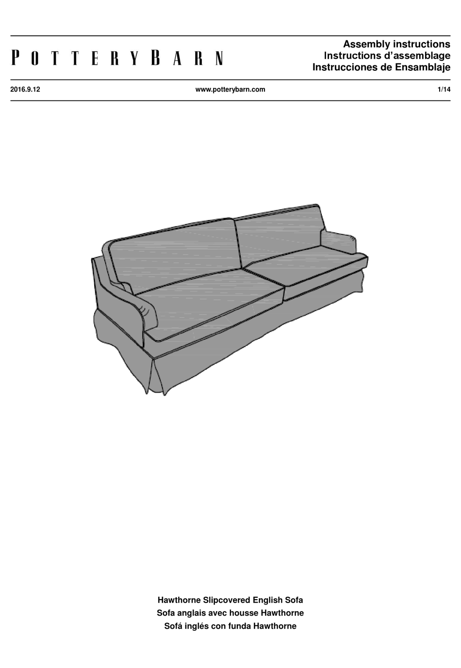 POTTERY BARN HAWTHORNE SLIPCOVERED ENGLISH SOFA ASSEMBLY INSTRUCTIONS