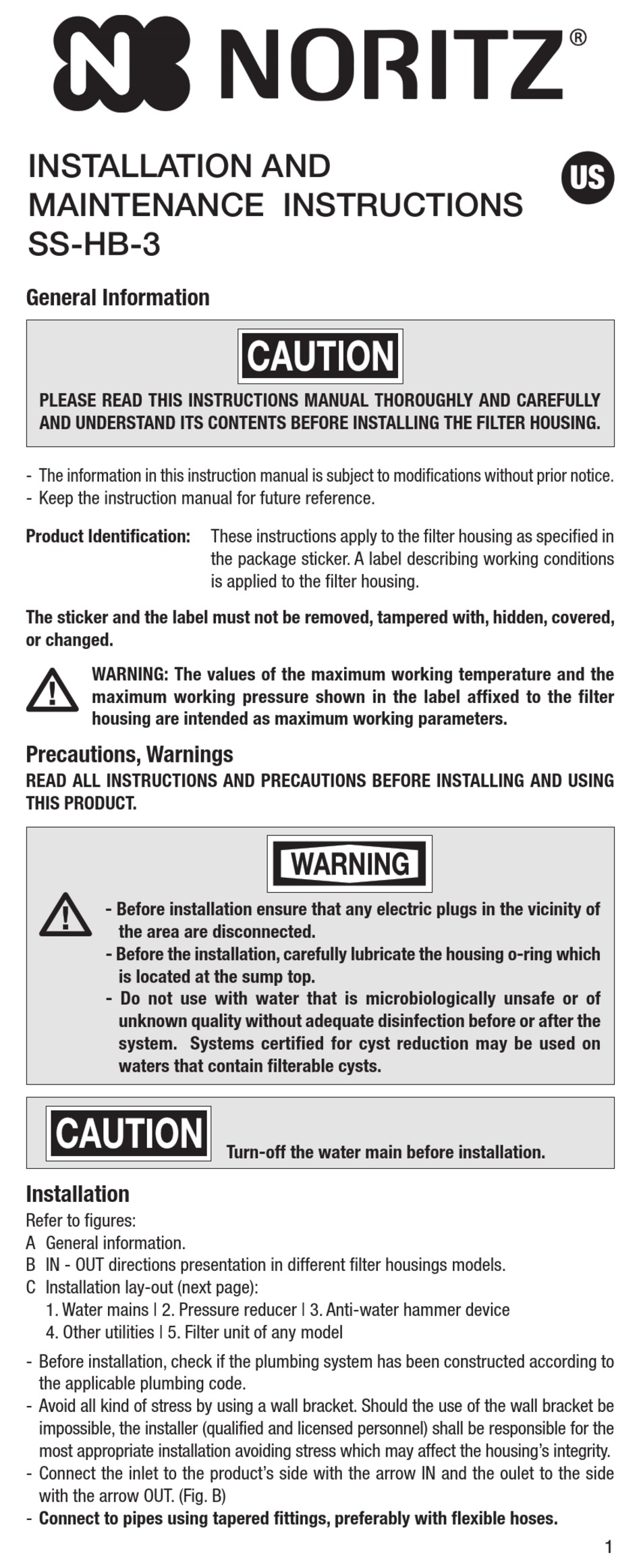 NORITZ SSHB3 INSTALLATION AND MAINTENANCE INSTRUCTIONS MANUAL Pdf