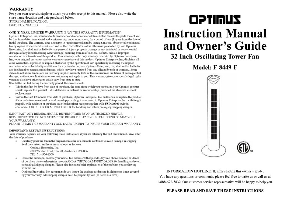 Optimus F 8449 F Instruction Manual And Owners Manual Pdf Download