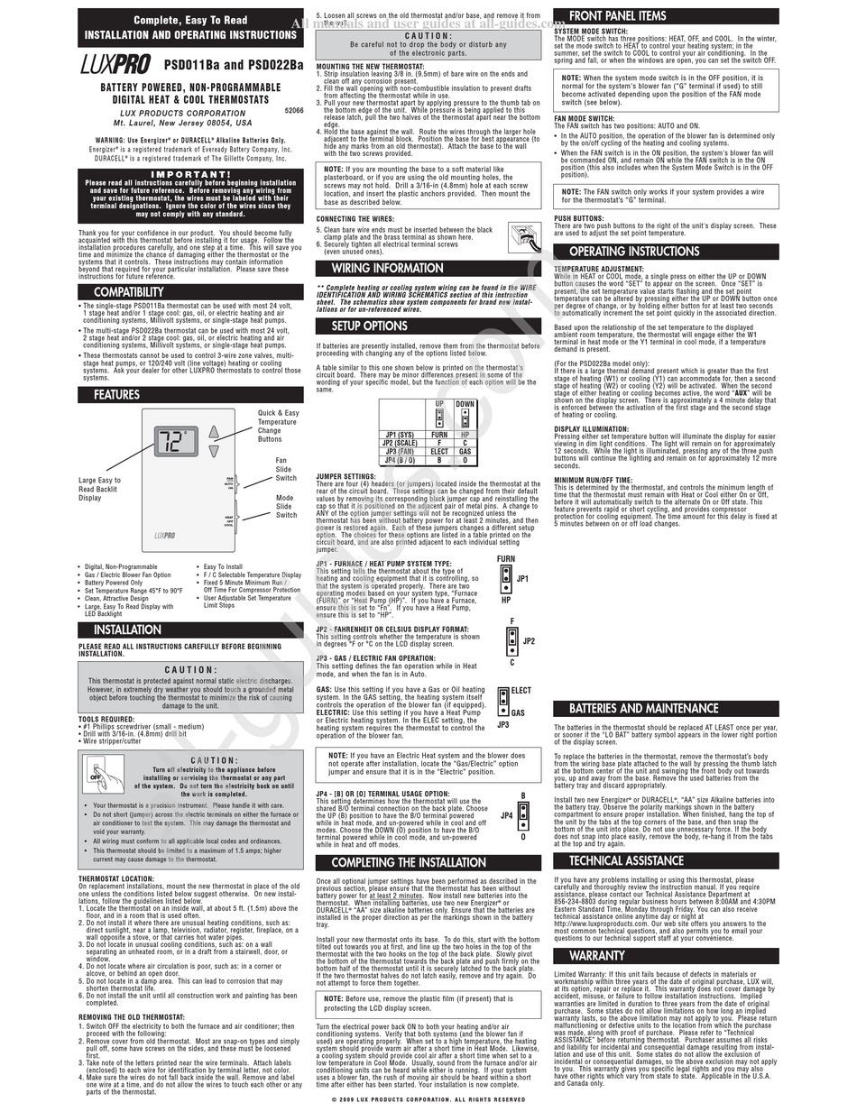 LUX PRODUCTS PSD011BA INSTALLATION AND OPERATING INSTRUCTIONS Pdf