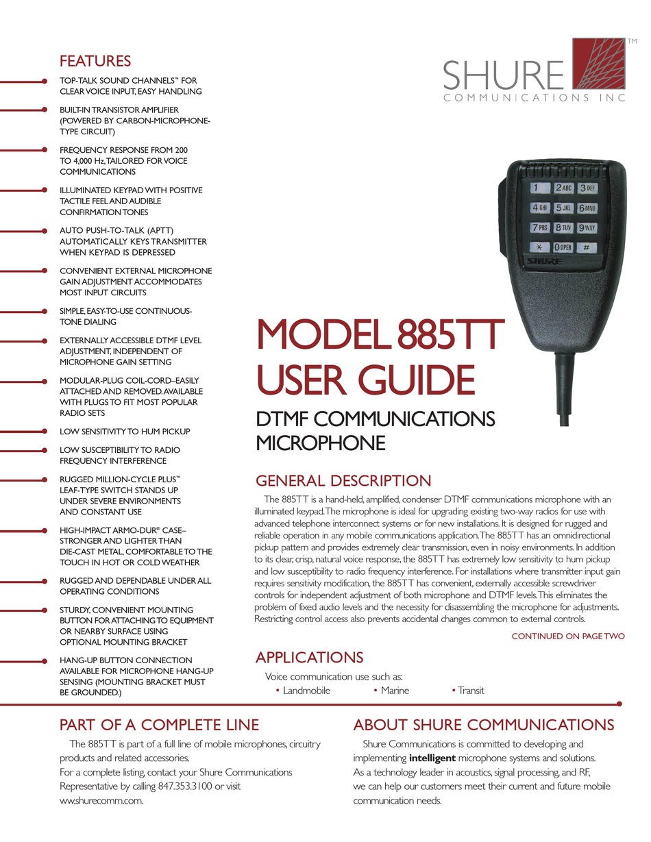 SHURE 885TT USER MANUAL Pdf Download | ManualsLib