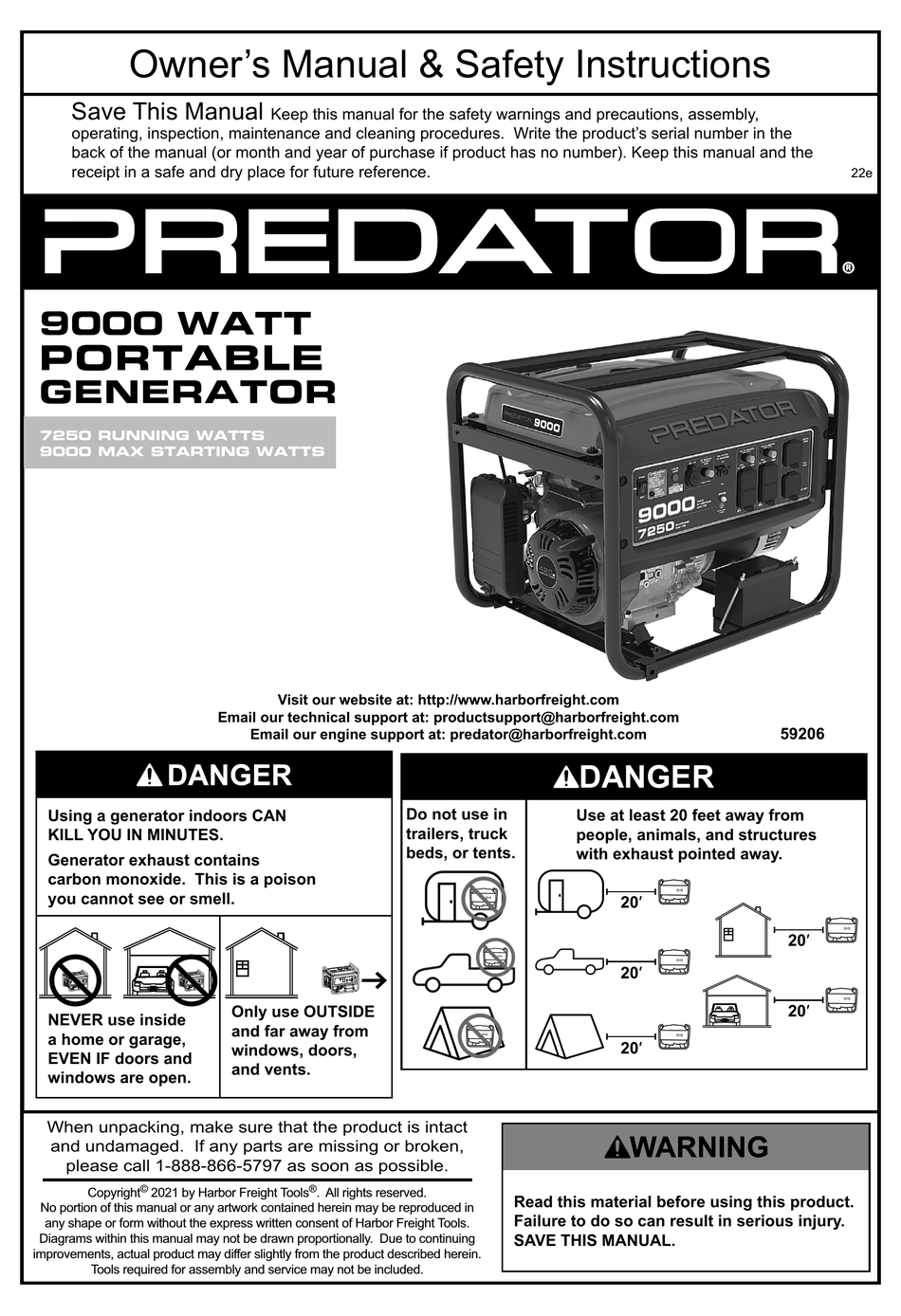 HARBOR FREIGHT TOOLS PREDATOR 59206 OWNER'S MANUAL & SAFETY ...