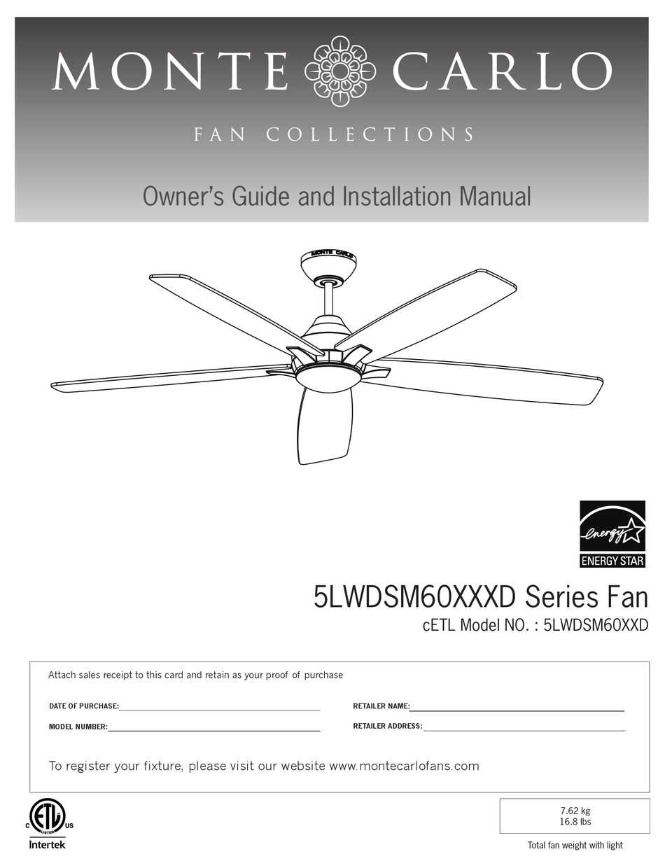 MONTE CARLO FAN COMPANY 5LWDSM60 D SERIES OWNER'S MANUAL AND
