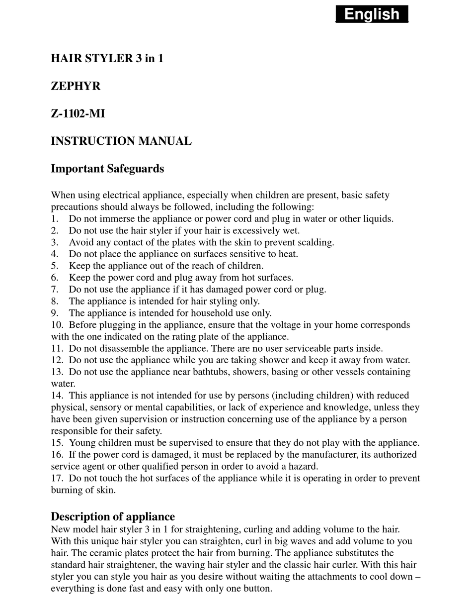 ZEPHYR Z1102MI INSTRUCTION MANUAL Pdf Download ManualsLib