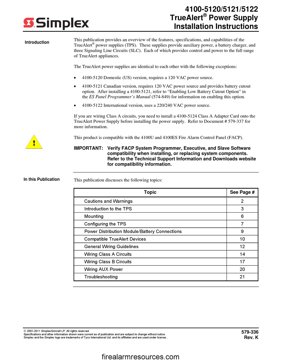 SIMPLEX TRUEALERT 41005120 INSTALLATION INSTRUCTIONS MANUAL Pdf