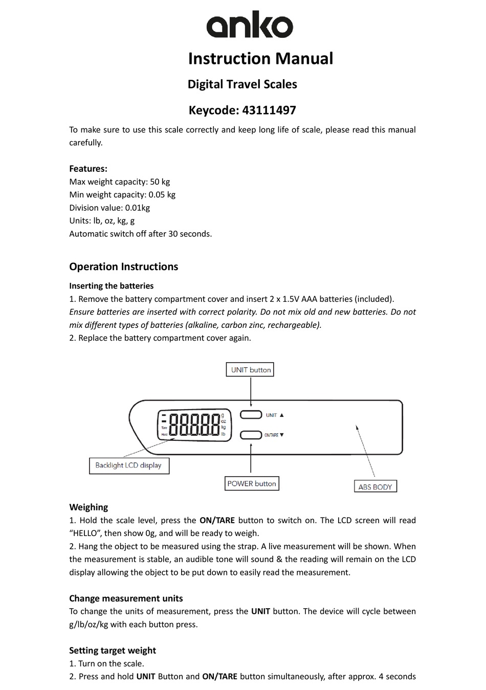 ANKO 43111497 INSTRUCTION MANUAL Pdf Download ManualsLib