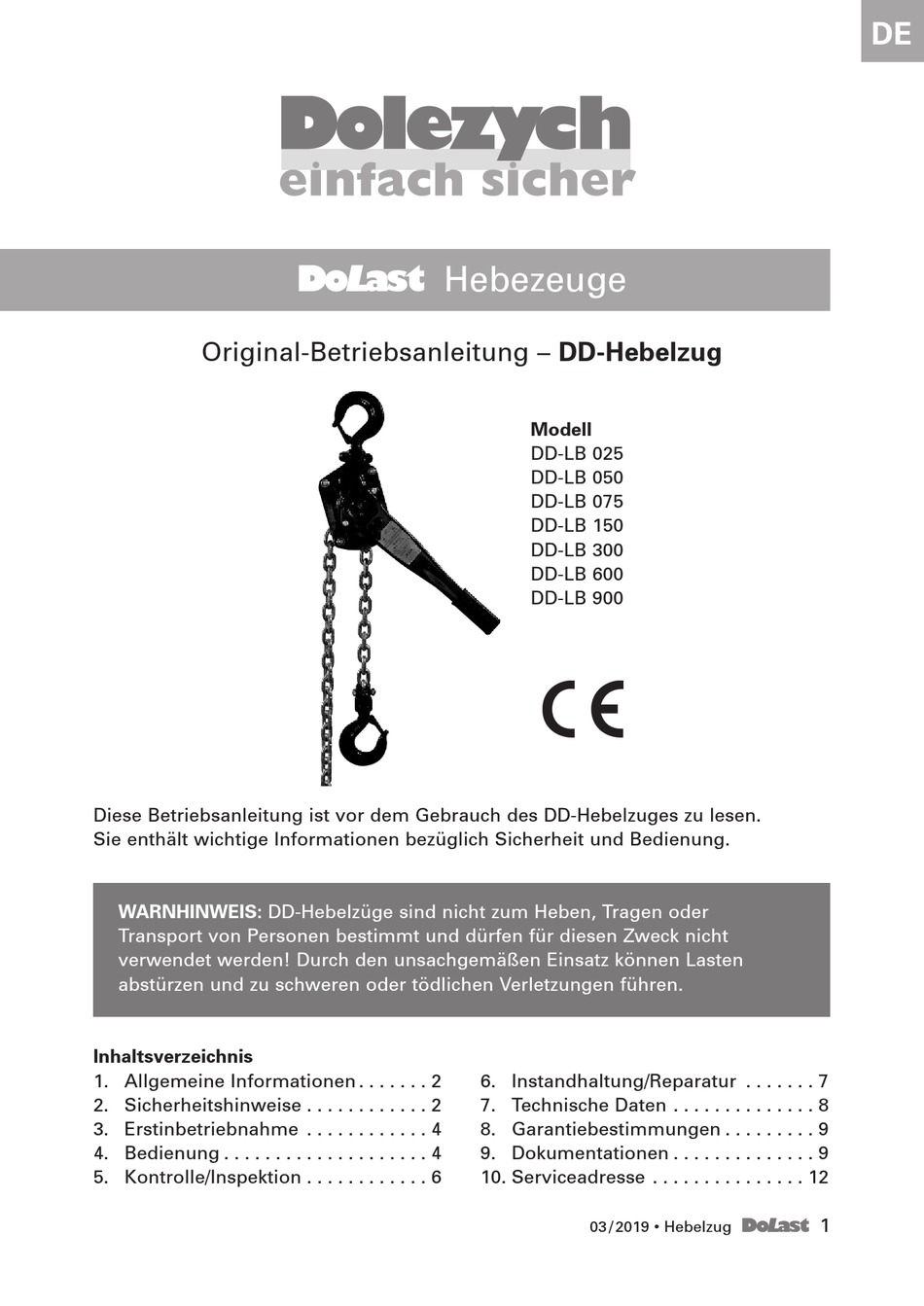 DOLEZYCH DOLAST LEVER HOIST DD SERIES TRANSLATION OF ORIGINAL MANUAL