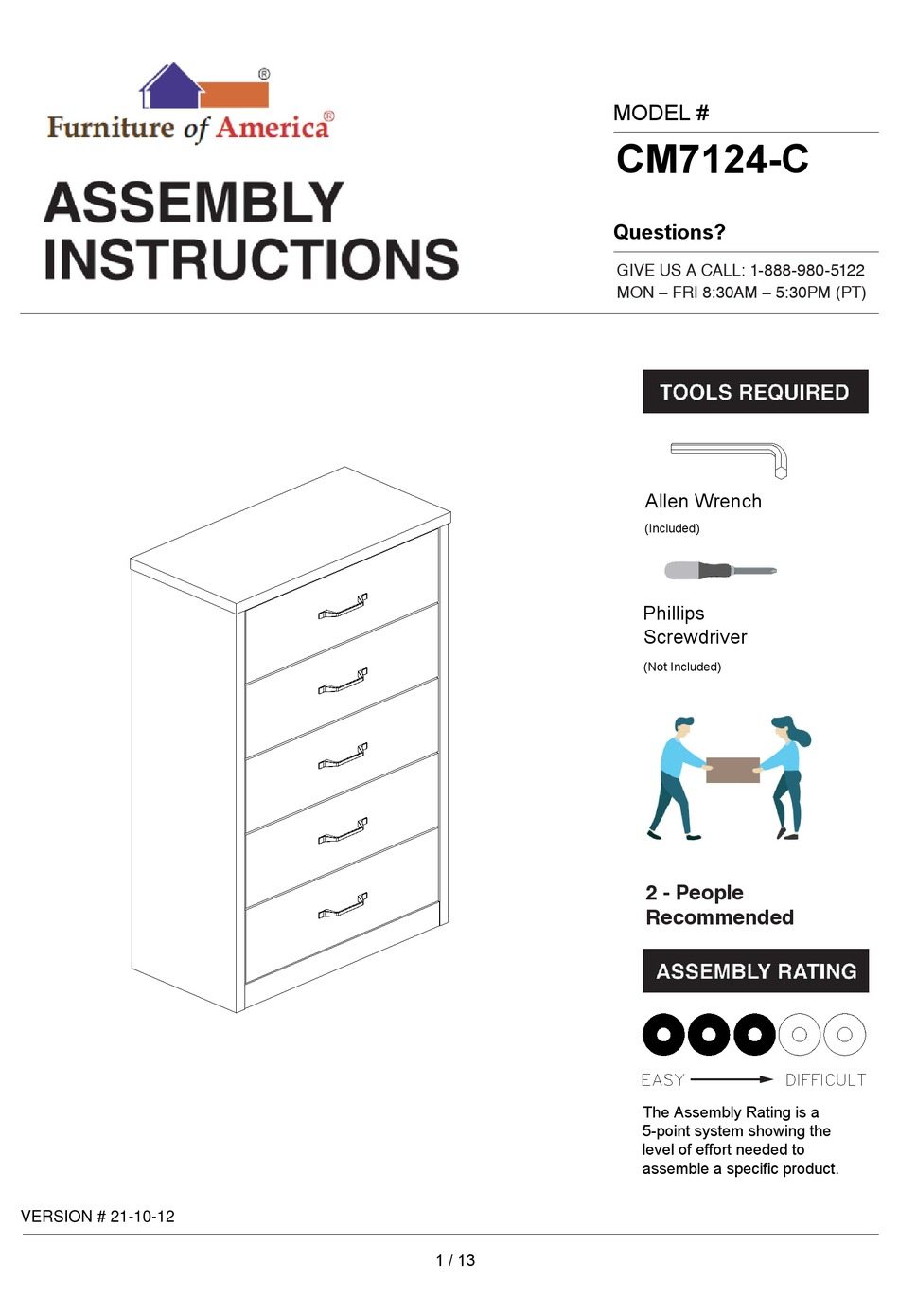 FURNITURE OF AMERICA CM7124C ASSEMBLY INSTRUCTIONS MANUAL Pdf Download