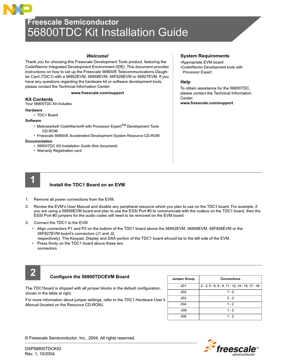 NXP SEMICONDUCTORS FREESCALE 56800TDC INSTALLATION MANUAL Pdf Download