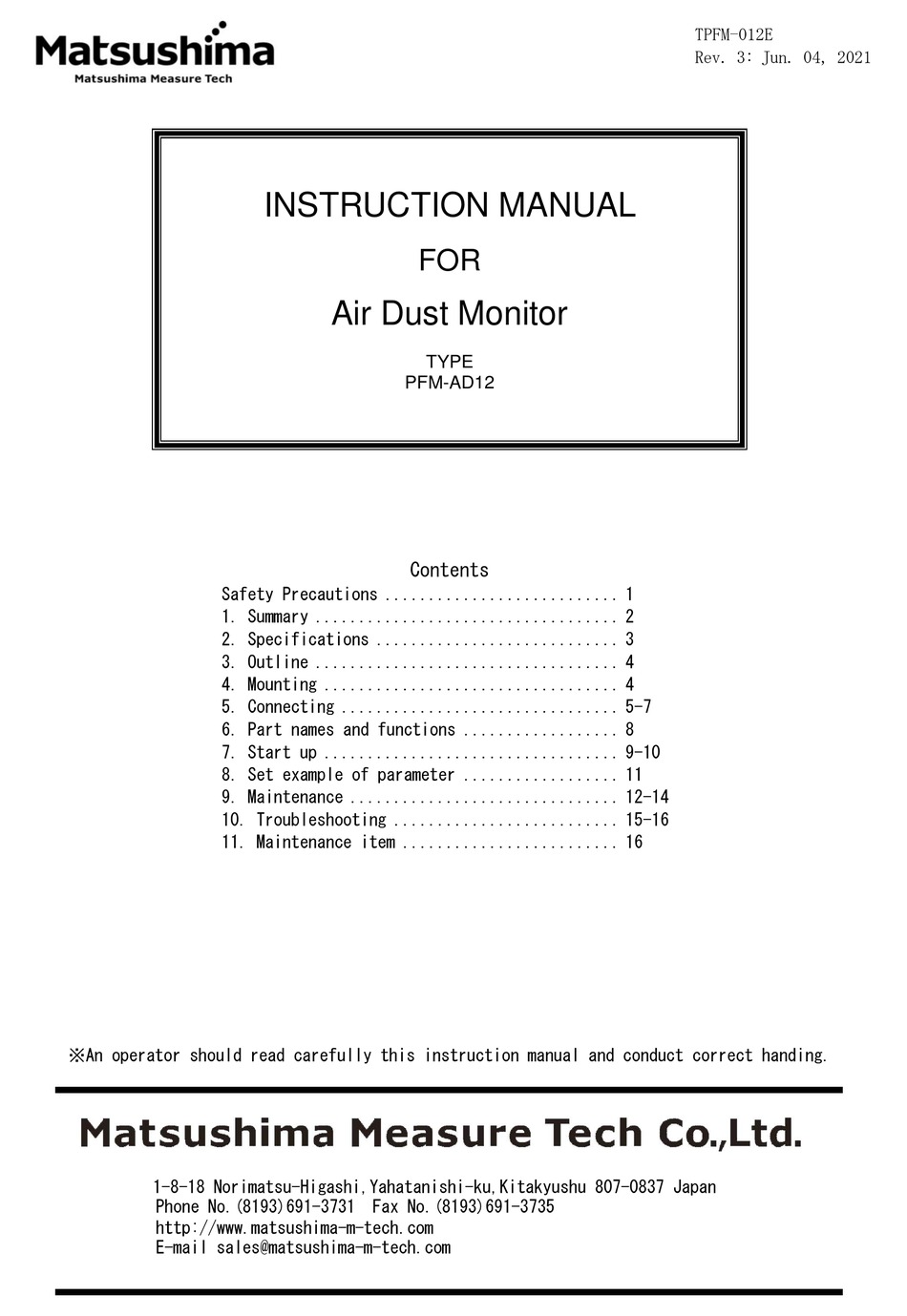 MATSUSHIMA PFMAD12 INSTRUCTION MANUAL Pdf Download ManualsLib
