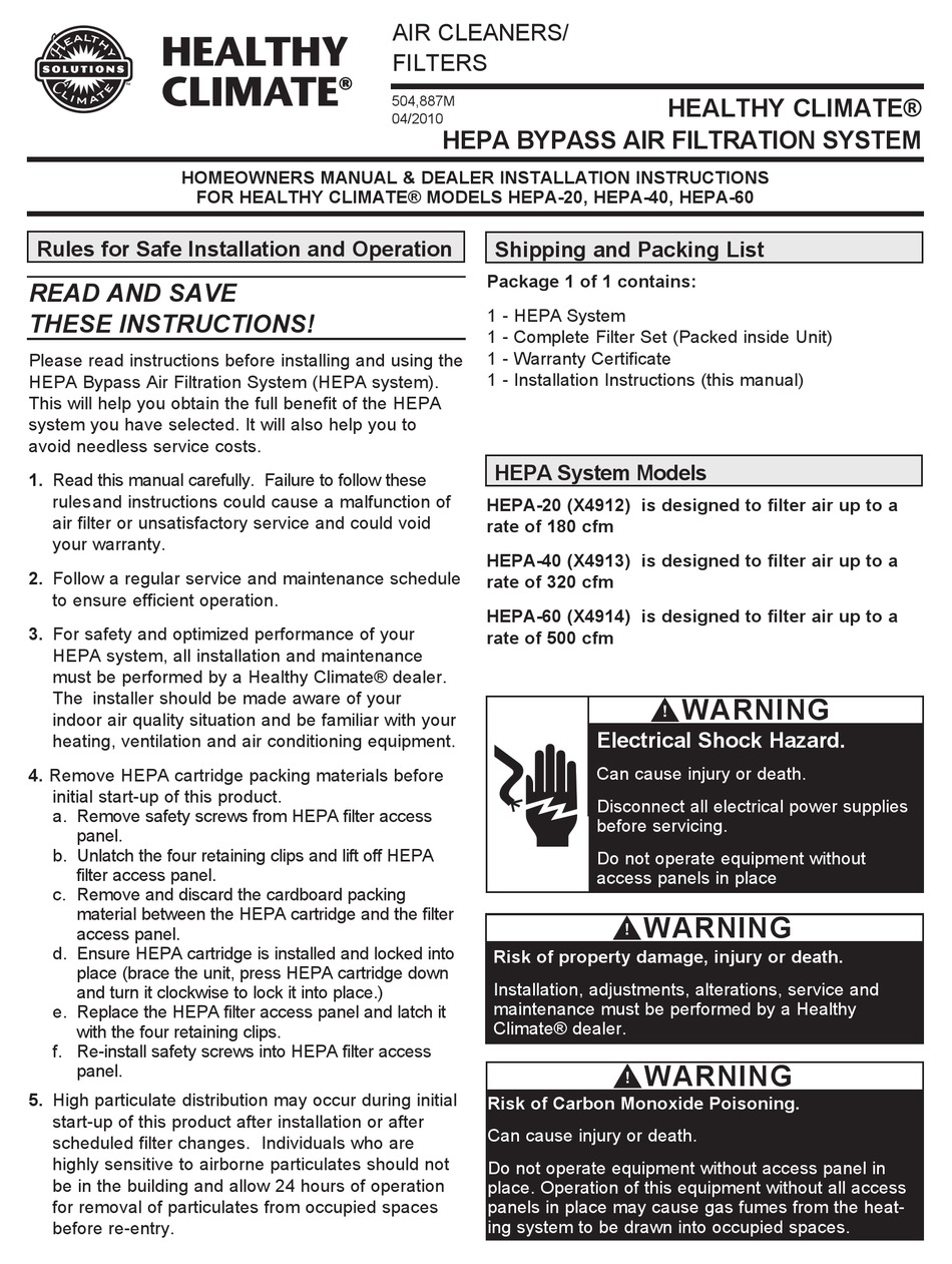 HEALTHY CLIMATE SOLUTIONS HEPA20 HOMEOWNERS MANUAL & DEALER
