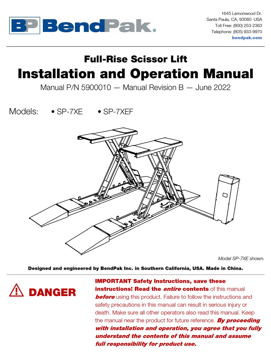 BENDPAK SP7XE INSTALLATION AND OPERATION MANUAL Pdf Download ManualsLib