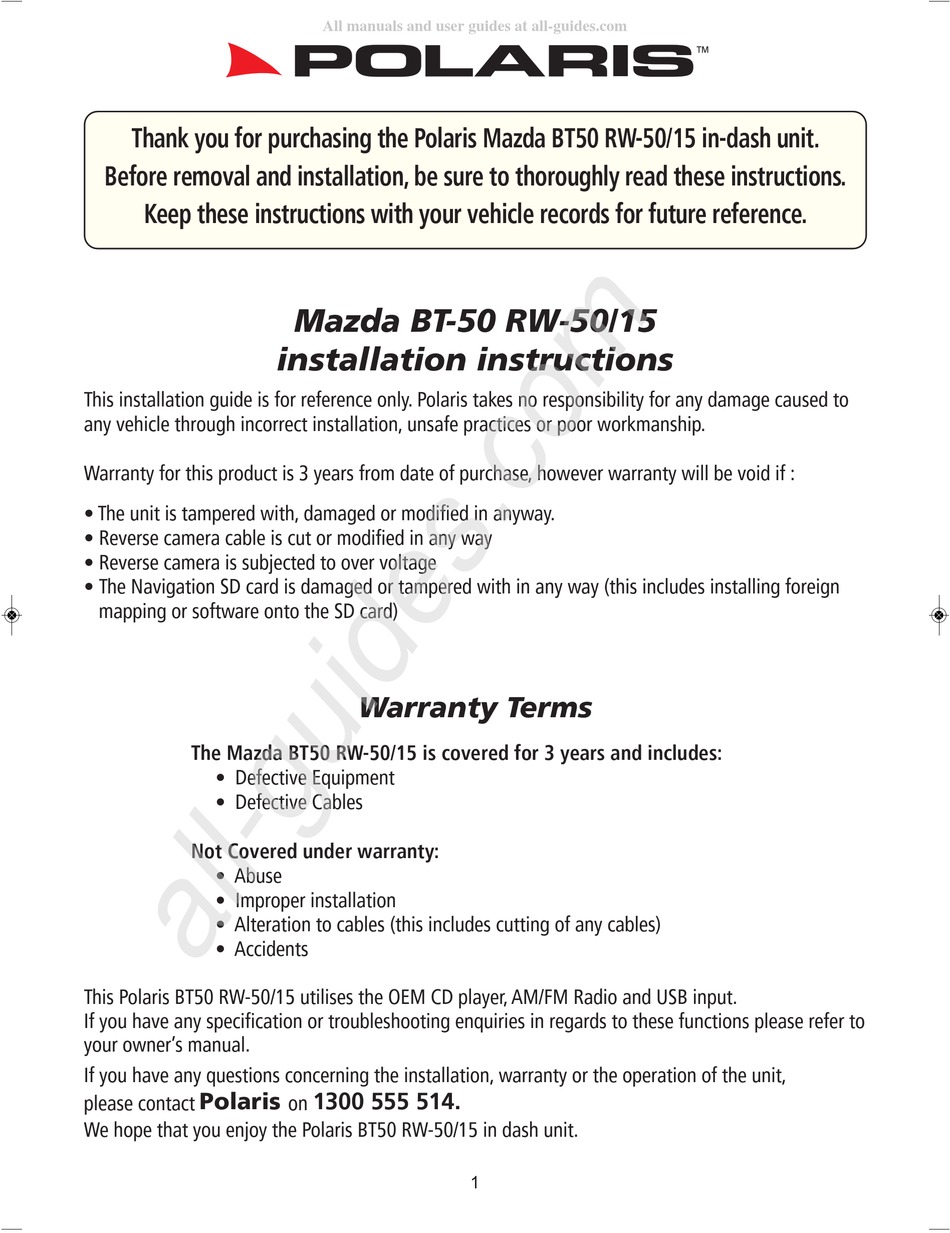 POLARIS RW50/15 INSTALLATION INSTRUCTIONS MANUAL Pdf Download ManualsLib