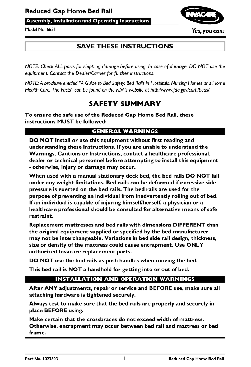 INVACARE 6631 ASSEMBLY, INSTALLATION AND OPERATING INSTRUCTIONS Pdf