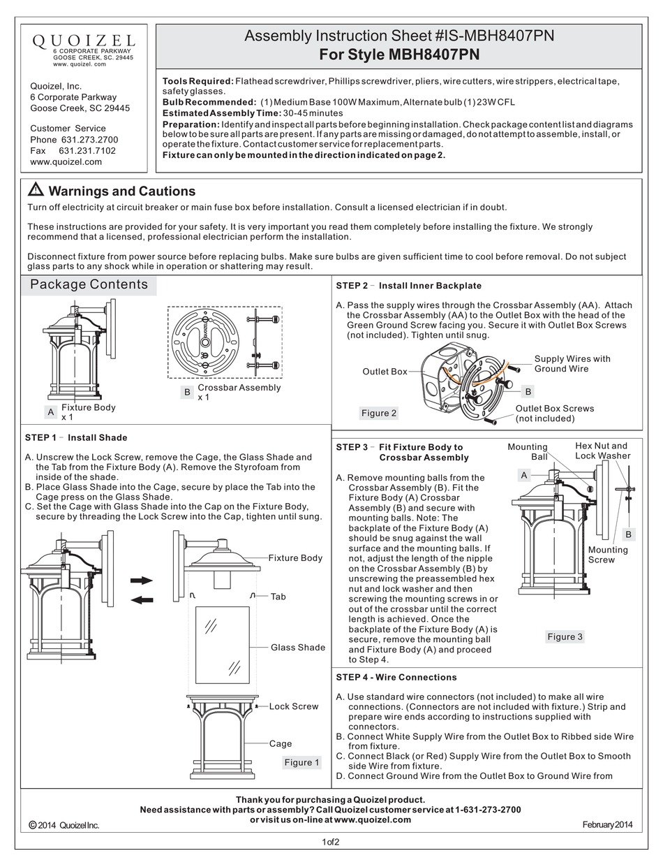 QUOIZEL MBH8407PN ASSEMBLY INSTRUCTION SHEET Pdf Download | ManualsLib