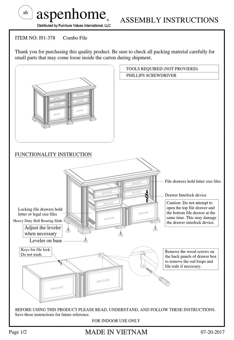 FURNITURE VALUES INTERNATIONAL ASPENHOME I91378 ASSEMBLY INSTRUCTIONS