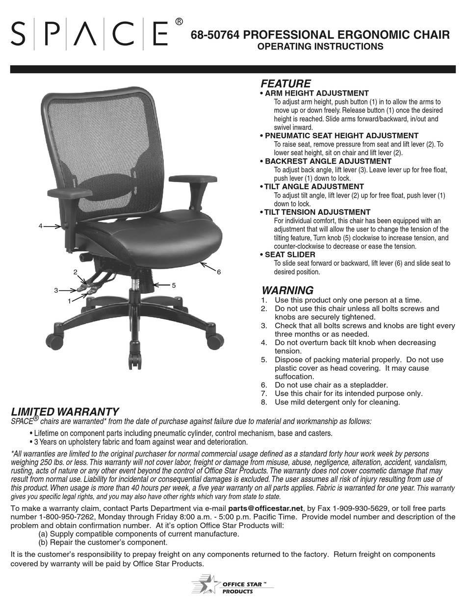 OFFICE STAR PRODUCTS SPACE 6850764 OPERATING INSTRUCTIONS Pdf Download