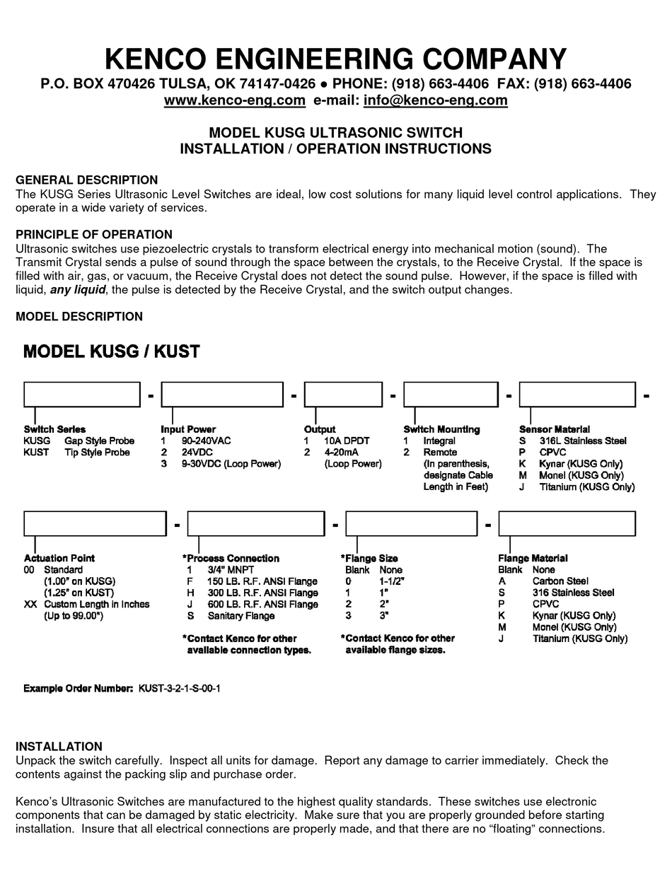 KENCO KUSG SERIES INSTALLATION & OPERATION INSTRUCTIONS Pdf Download