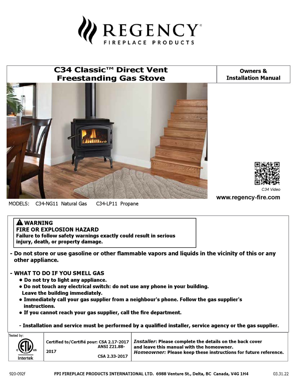 REGENCY FIREPLACE PRODUCTS C34 CLASSIC OWNERS & INSTALLATION MANUAL Pdf