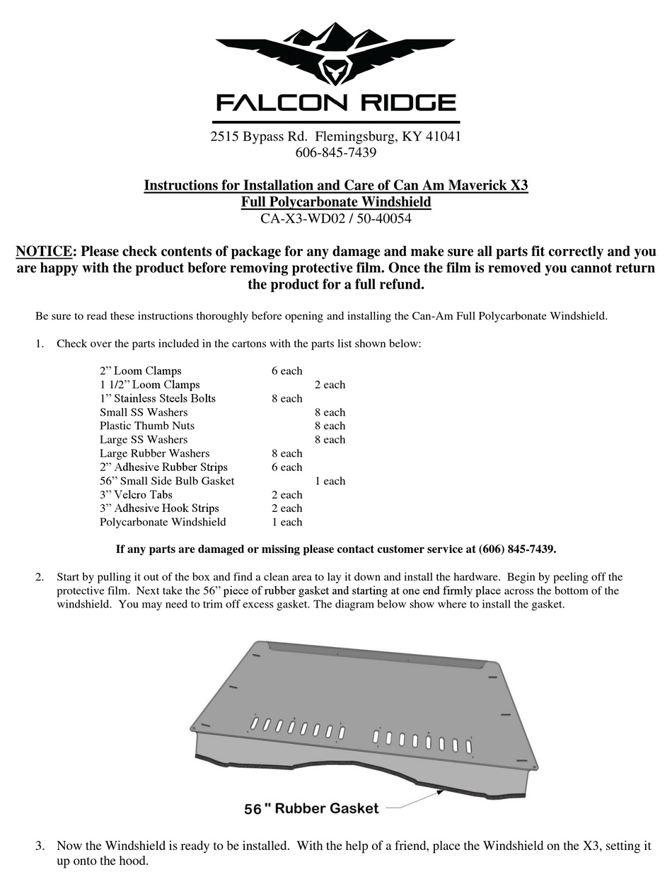 FALCON RIDGE CAX3WD02 INSTRUCTIONS FOR INSTALLATION AND CARE Pdf