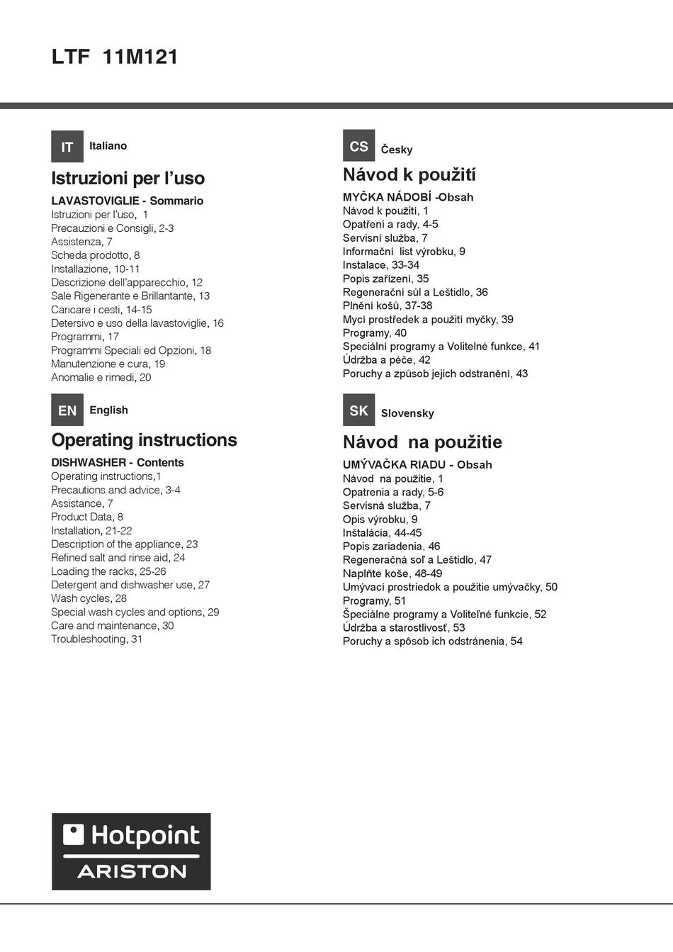 HOTPOINT ARISTON LTF 11M121 OPERATING INSTRUCTIONS Pdf Download